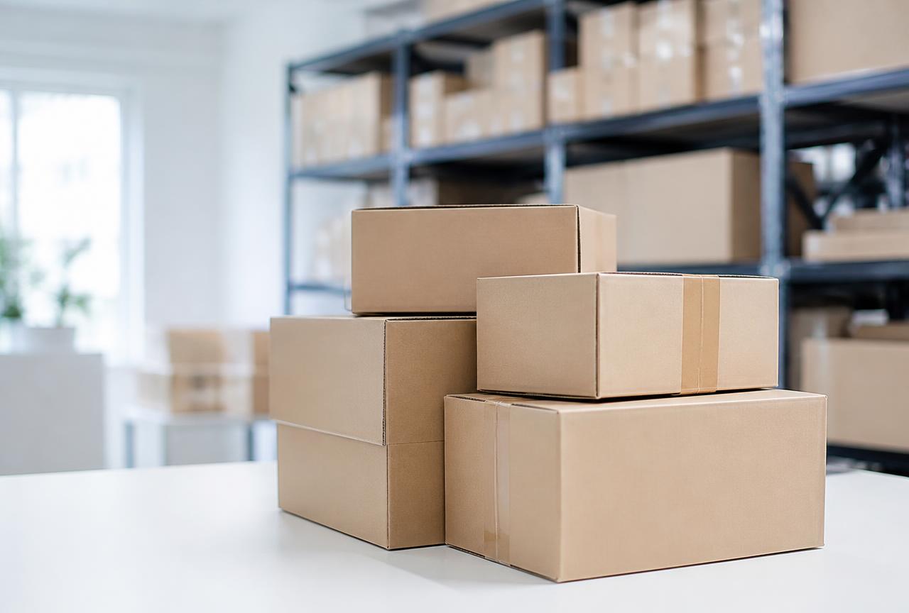 Neatly stacked parcels prepared for e-commerce fulfilment